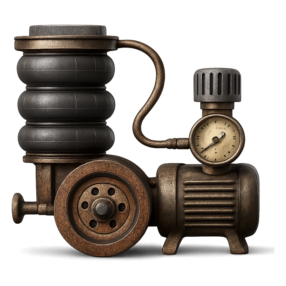 Make this car air suspension illustration look more realistic, with metallic textures, accurate lighting, and detailed components. Keep the background transparent. sticker