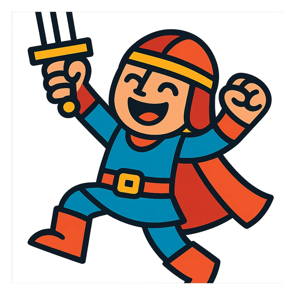 a joyful warrior with a sword raised in triumph, smiling, energetic pose sticker