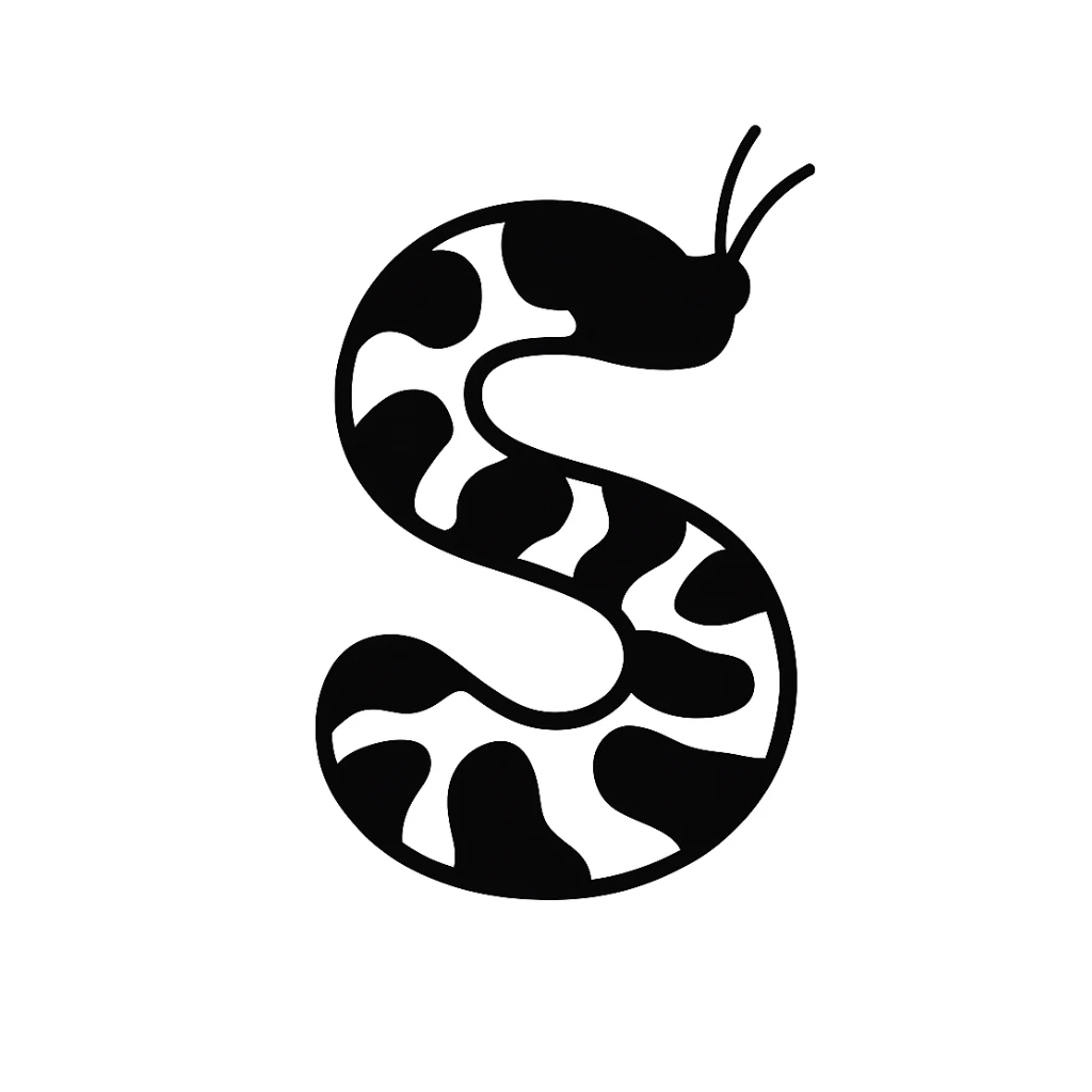 Make the S-shaped snake black, remove the eyes, keep the snake features but no facial details, keep the background as is. Maintain the original style of the snake and background as shown in the reference image. sticker