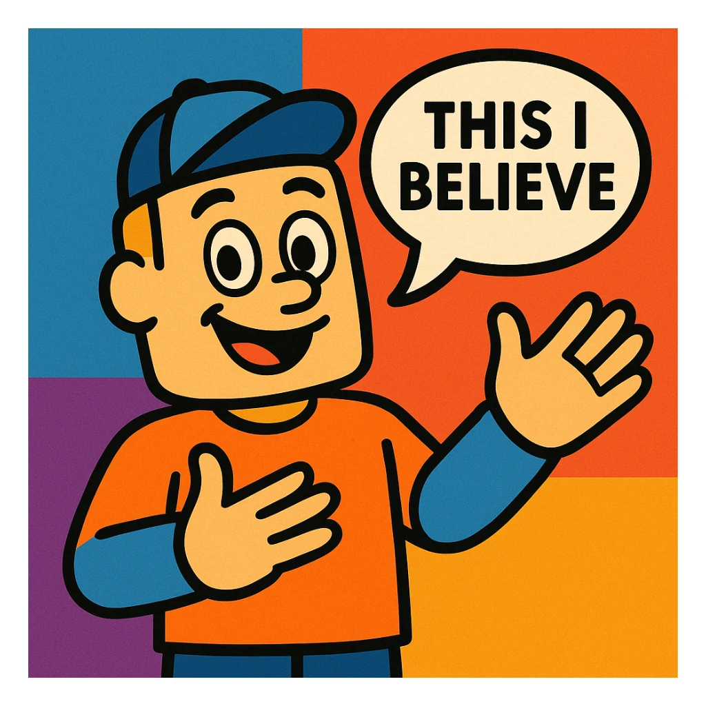 a mascot with a speech bubble saying 'This I Believe,' open hands, friendly face sticker