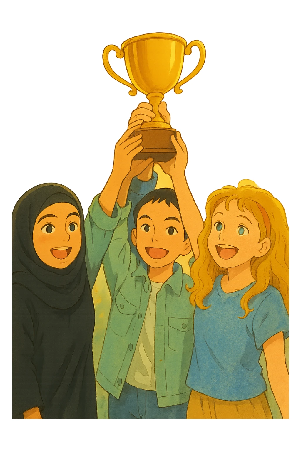 Illustration style Ghibli: Four happy students together lifting a golden trophy. Soft and luminous background, warm and inspiring atmosphere. sticker