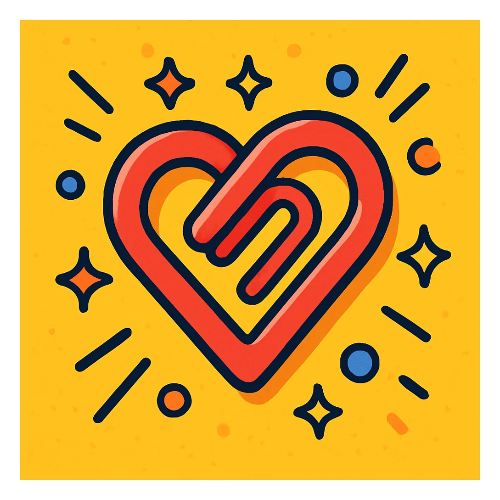 heart-shaped paper clip, playful cartoon style sticker