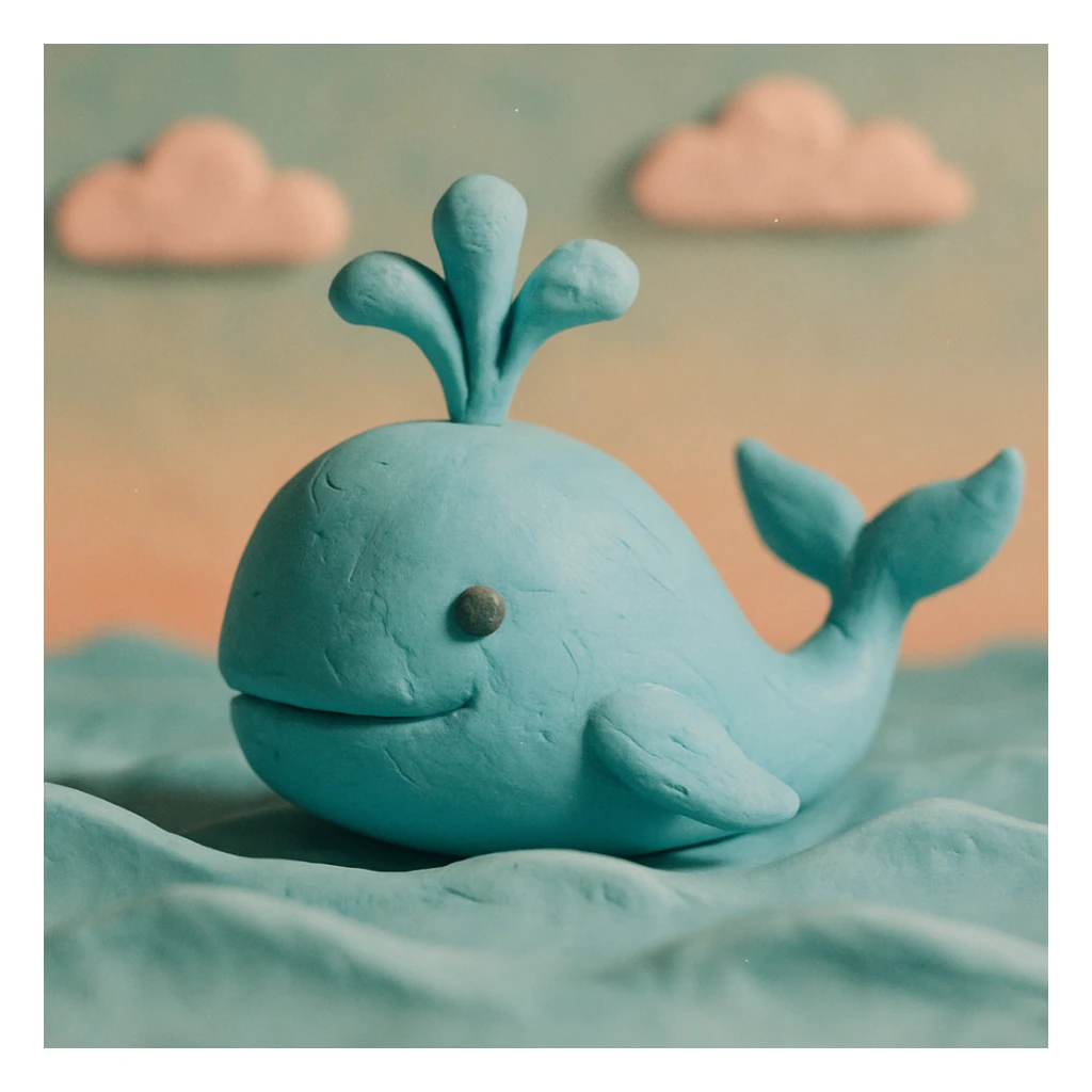 a blue whale with a water spout, claymation style sticker