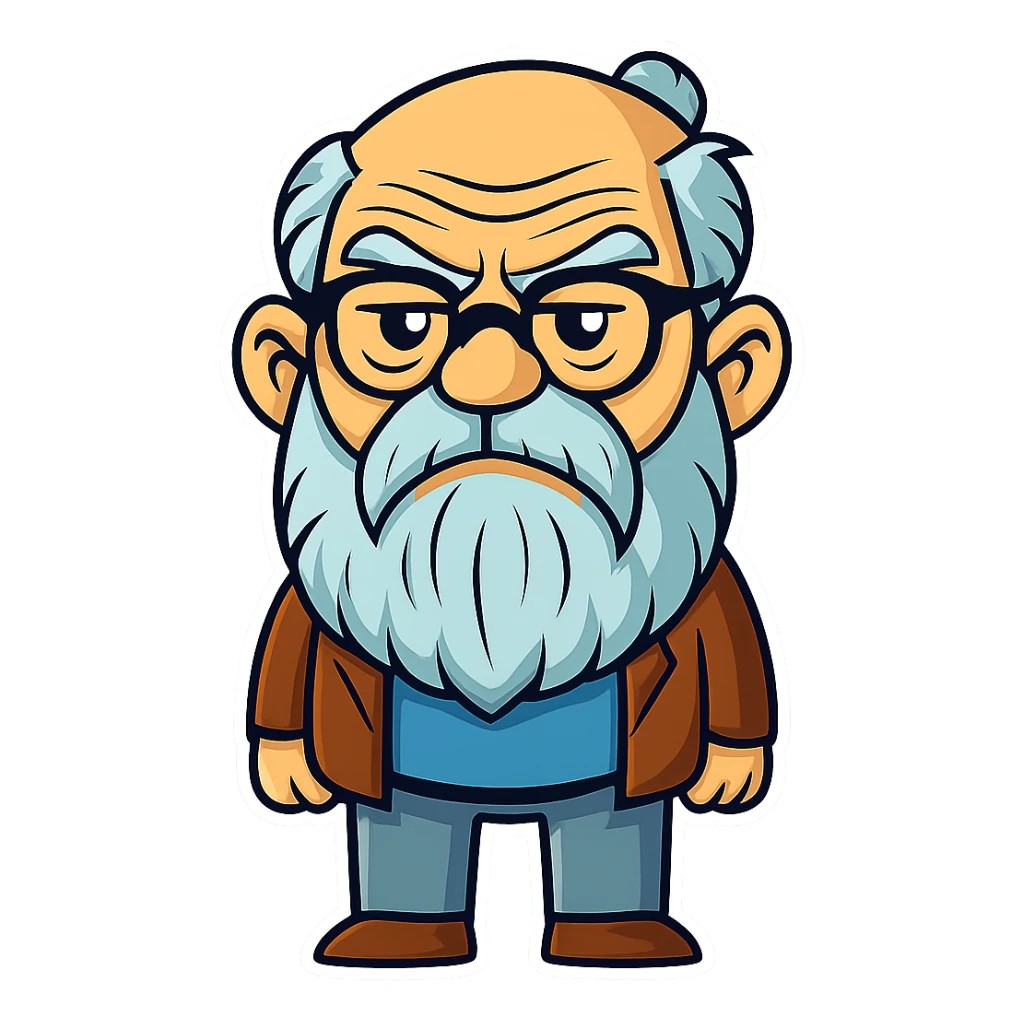 Add glasses to the grumpy old man with a beard in sticker style. Keep the sticker style and transparent background. sticker