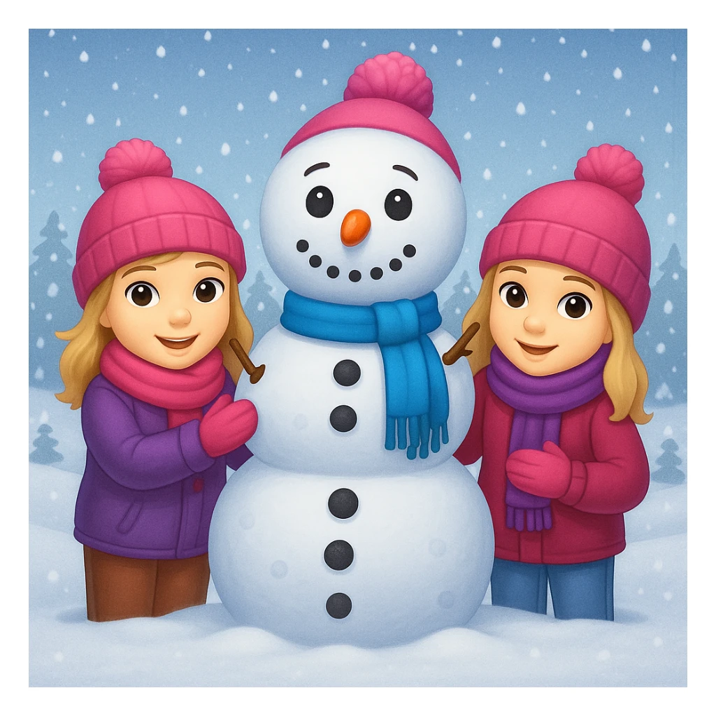 Add a snowy background behind the kids building a snowman, keep the original emoji style sticker