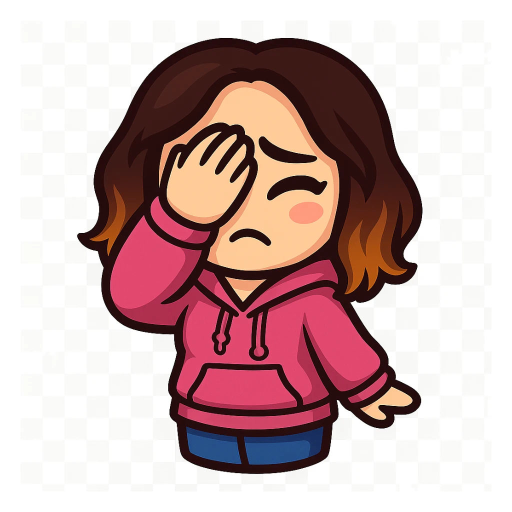Sticker style chibi emote, matching the attached green heart emote as a base. Woman from reference, pink hoodie and blue jeans, facepalming, cute embarrassed face, no headband, no wand, transparent background. Top color should not match jeans. sticker