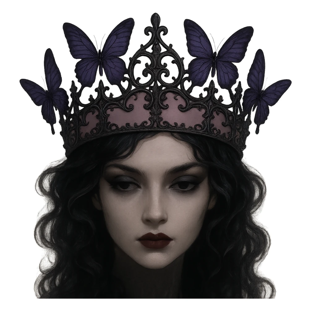 butterfly crown with matte pink base, purple butterflies, gothic filigree, mysterious and elegant, transparent background sticker