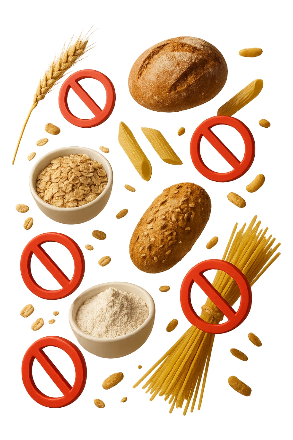 cereali, pane, pasta e farine realistici fluttuano in aria con piccoli divieti 3d, IPERREALISTICO 4K sticker