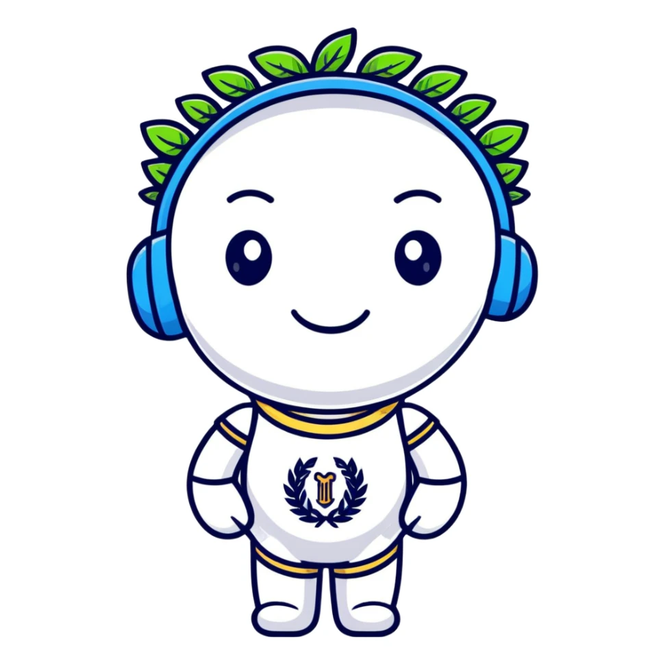 sticker style Greek chatbot with laurel wreath and friendly smile sticker