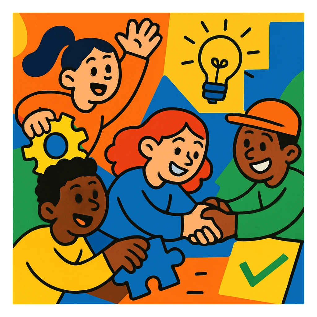 teamwork, vibrant cartoon style, colorful, dynamic, friendly characters collaborating sticker
