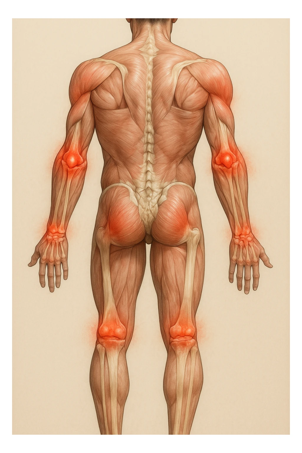 Create a series of 5 vertical images of a man (reference photo) with widespread joint pain, highlighting inflammation with an anatomical view. Show red zones on the joints, medical style, anatomical details, hyperrealism, variation 5. sticker