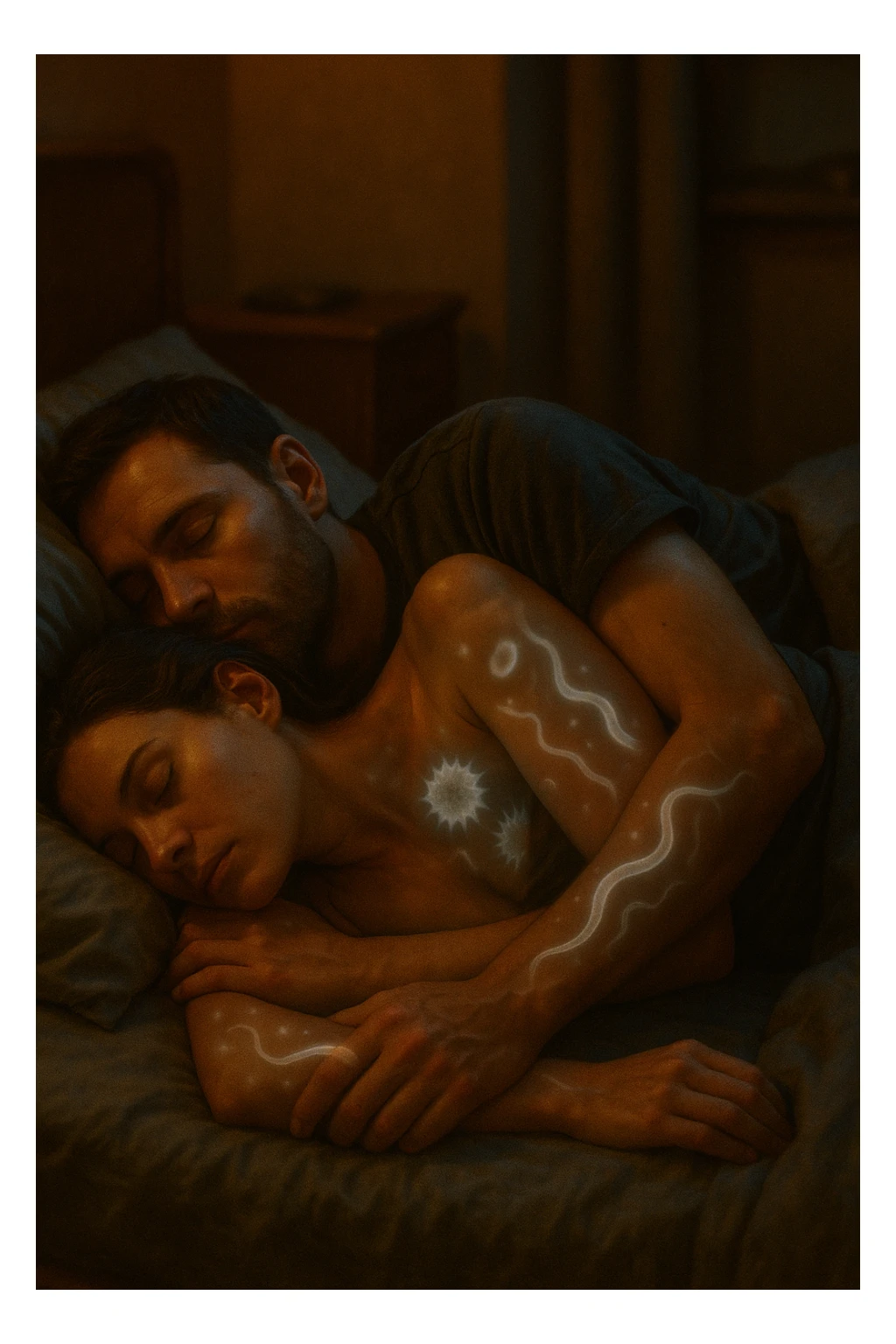 A hyper-realistic, cinematic image of a man and a woman sleeping together in the same bed under soft, dim night lighting, with their bodies close and touching. Their skin appears slightly illuminated where it touches, and under a subtle x-ray style overlay, faint ghostly silhouettes of microscopic parasites and worm-like organisms are visible crawling transdermally between their bodies, symbolizing silent, unnoticed parasite transmission during sleep. The environment is a cozy bedroom with warm tones, but the presence of the glowing parasites creates a slightly unsettling feeling, emphasizing the hidden danger. Their faces are calm, unaware, symbolizing the unconscious nature of the transmission. The image is detailed with a 35mm film hyperrealistic aesthetic, focusing sharply on the point of contact between their skin where the parasites pass, while the background remains softly blurred. The color palette uses muted warm browns and soft moonlight blues to maintain a nighttime, intimate feeling, contrasting with the translucent, glowing parasites to illustrate the hidden risk of transdermal parasite transmission while sharing a bed sticker