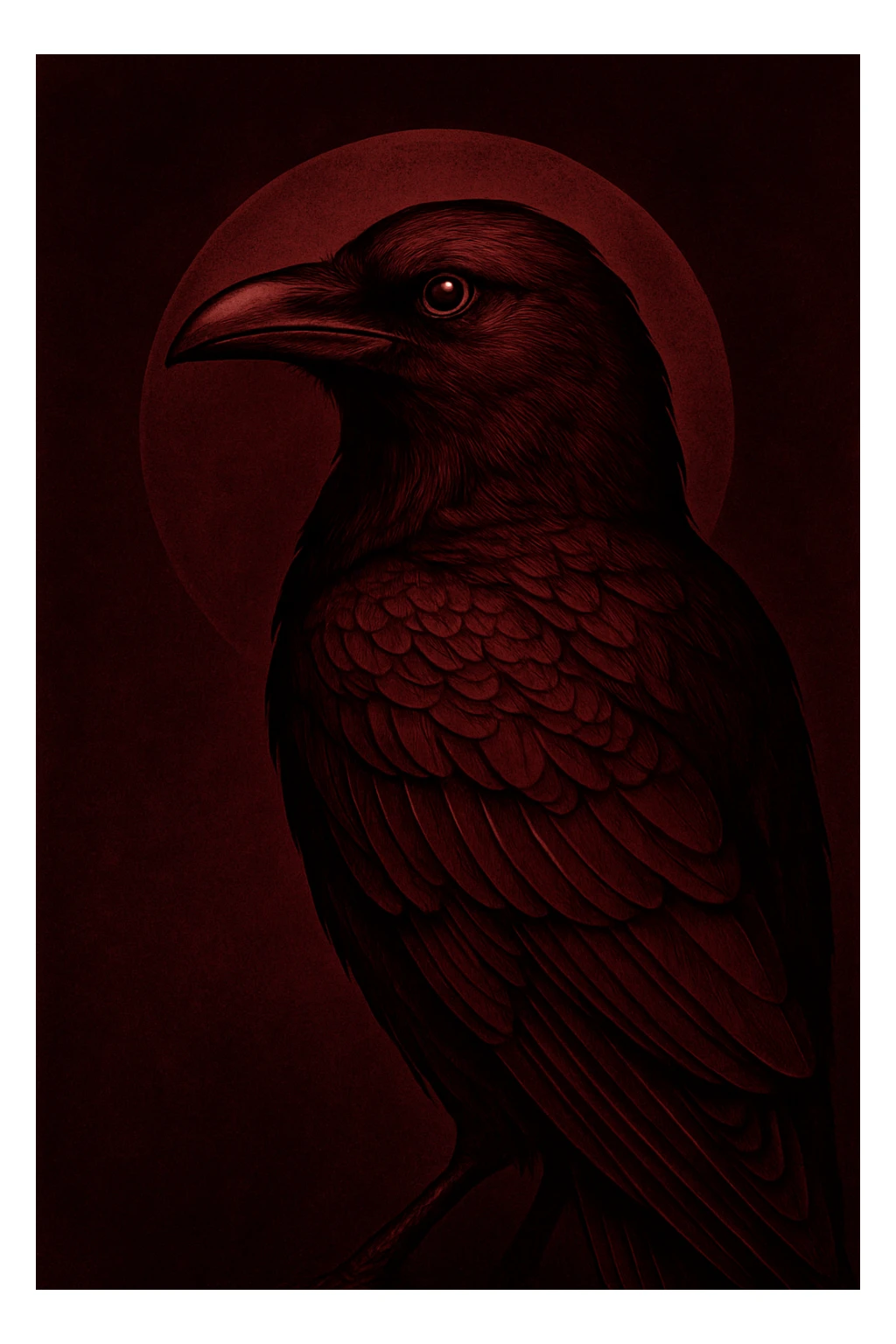 погенерируй ворона полубоком по появ где-то крупным планом внешне как на референсах, четкие контуры тени и блики в винном бордовом цвете sticker