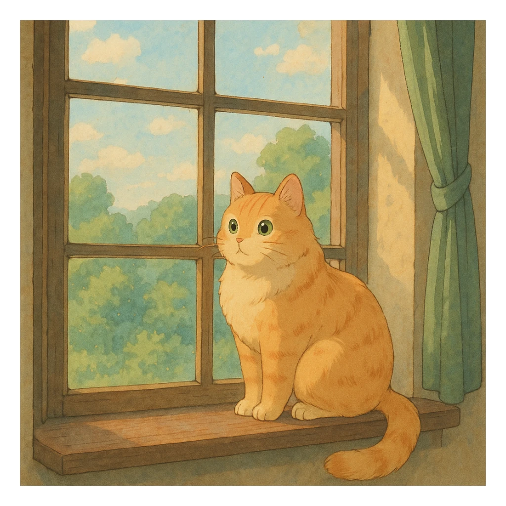 cat sitting on a windowsill in ghibli style, detailed, soft colors, whimsical atmosphere sticker