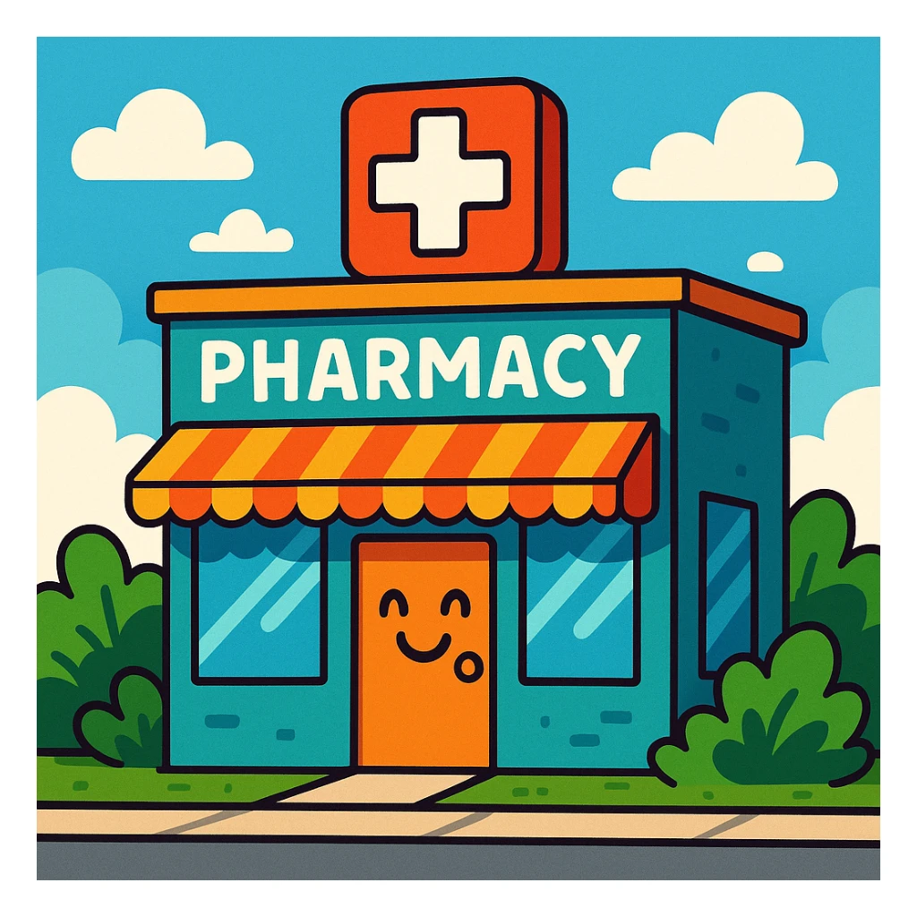 pharmacy building with red cross sign, cartoon style, welcoming look sticker