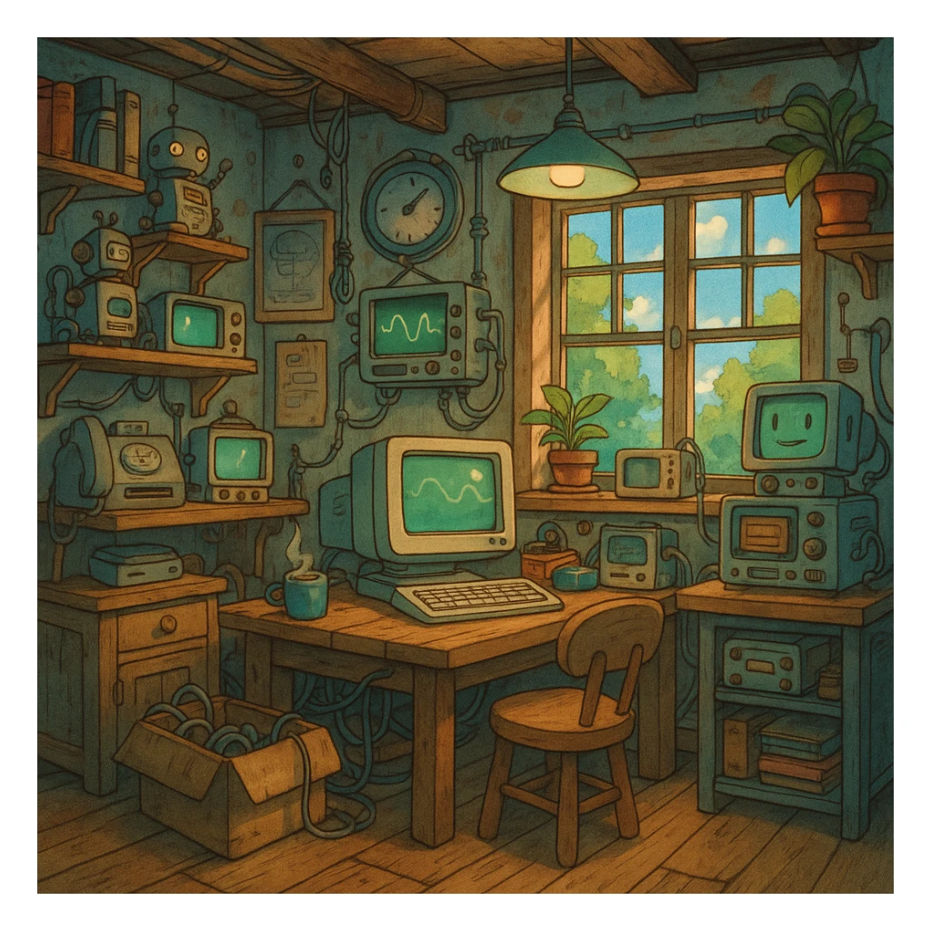 ghibli style tech lab, cozy and whimsical, lots of details sticker