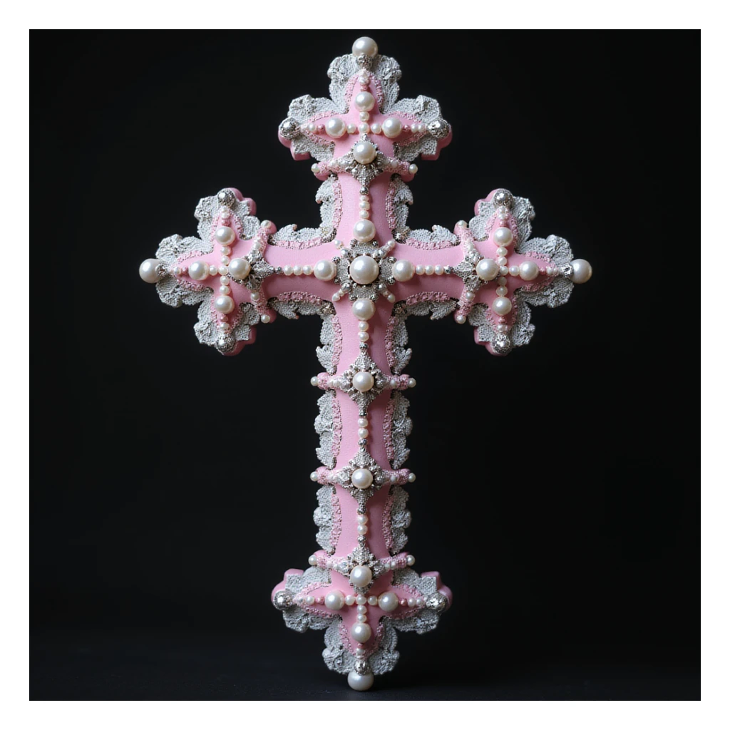 realistic gothic cross, pink and silver, with pearls and lace, photorealistic style, no background sticker
