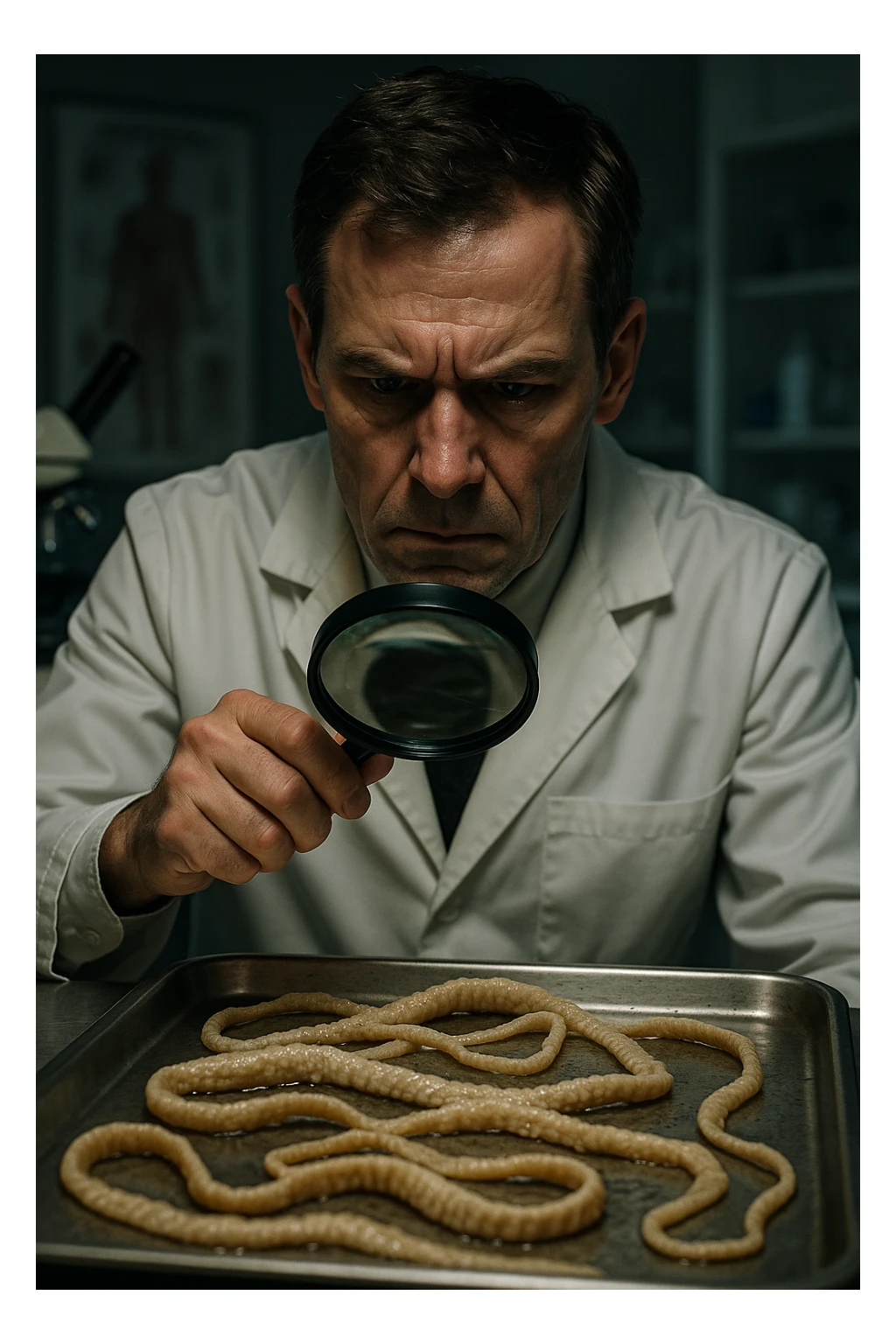 A middle-aged male kinesiologist wearing a pristine white lab coat, intensely analyzing long, beige tapeworms (like Taenia) under a magnifying glass. His expression is focused and slightly concerned, with dramatic studio lighting casting sharp shadows. The parasites are highly detailed, moist, and textured, stretched across a sterile metal tray. The background is blurred but suggests a clinical environment—hints of a microscope, medical charts, and clean lab equipment. The style is hyper-realistic, with a cinematic contrast between the bright white coat and the grotesque, organic forms of the parasites. No sci-fi elements, just raw medical realism with a disturbing edge sticker