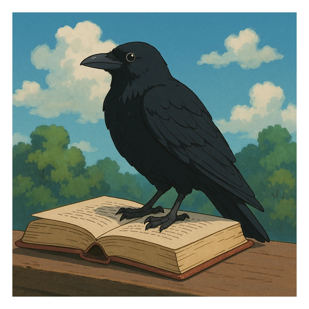 raven on a book in ghibli style sticker