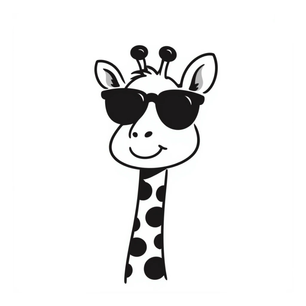 A smug, cool giraffe wearing sunglasses, with a confident smirk. The design should be sleek and stylish, with a slight tilt of the head and maybe a tiny tooth showing. Perfect for 'POG' or 'cool' moments. sticker