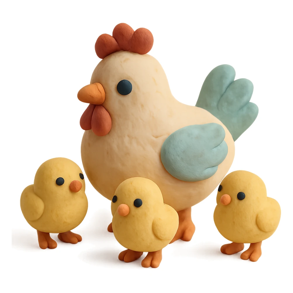 hen with baby chicks, soft pastel colors, visible fingerprints, matte plasticine look sticker