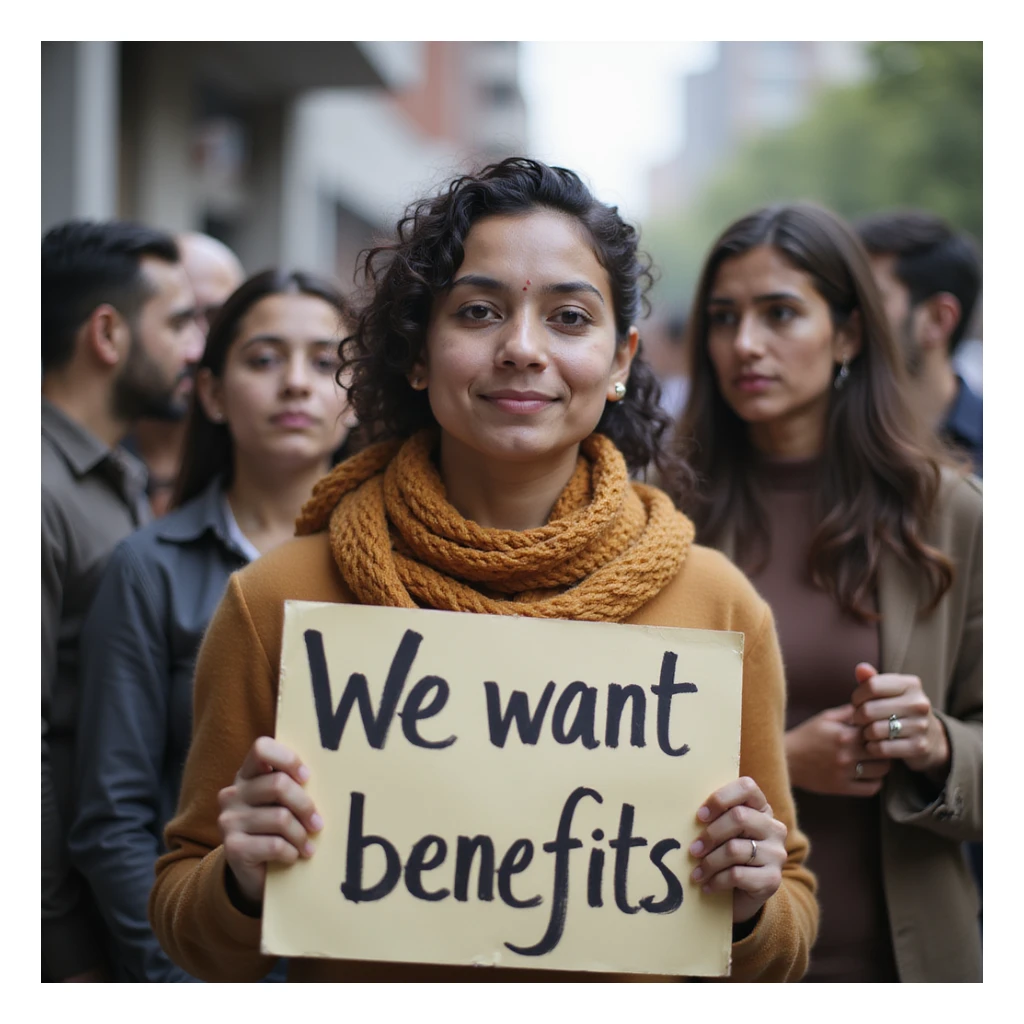 group of indian modern customers holding a board written "We want benefits"with a serious face sticker