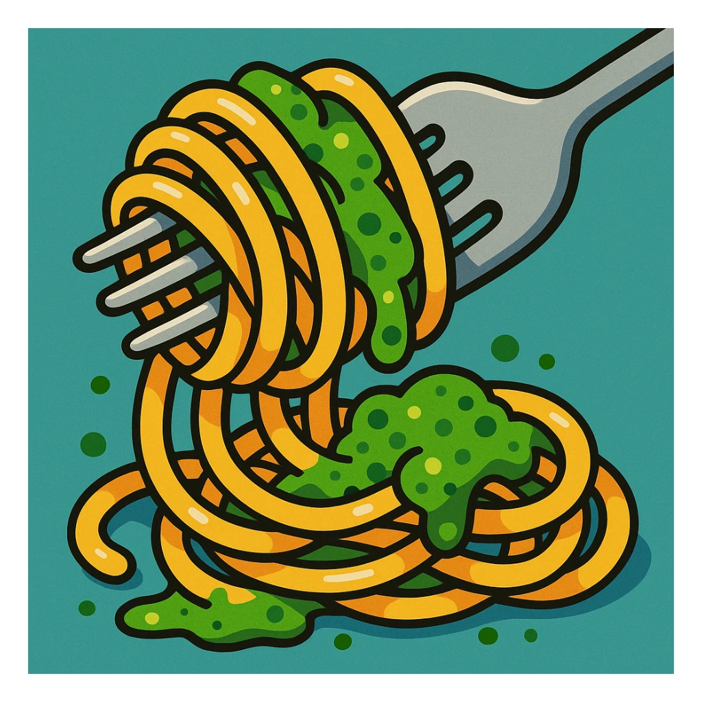 spaghetti twirled on a fork with green pesto, close-up, playful style sticker