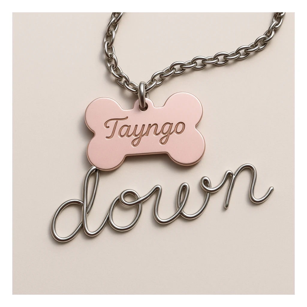 light pink dogtag with 'Tayngo' engraved, chain forms the word 'down' in cursive sticker