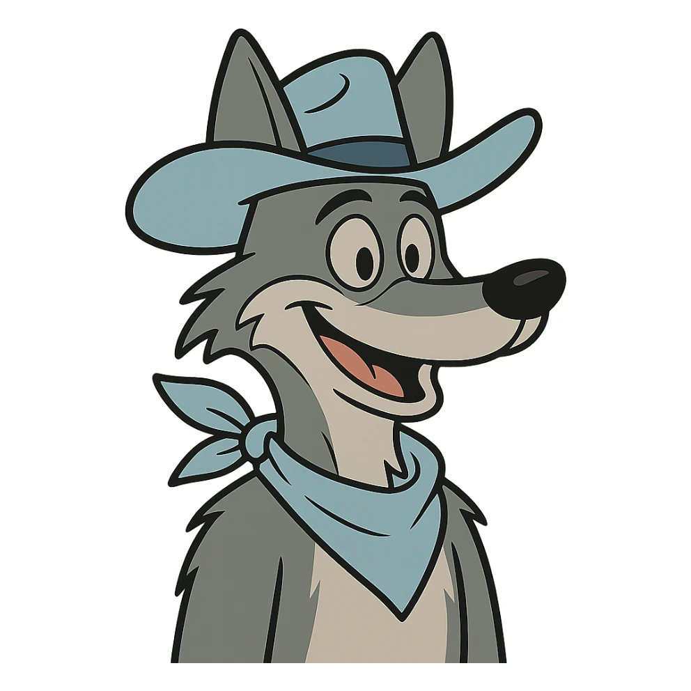 grey coyote, less anthropomorphic, light blue cowboy hat, light blue neckerchief, smiling, flat toon style sticker