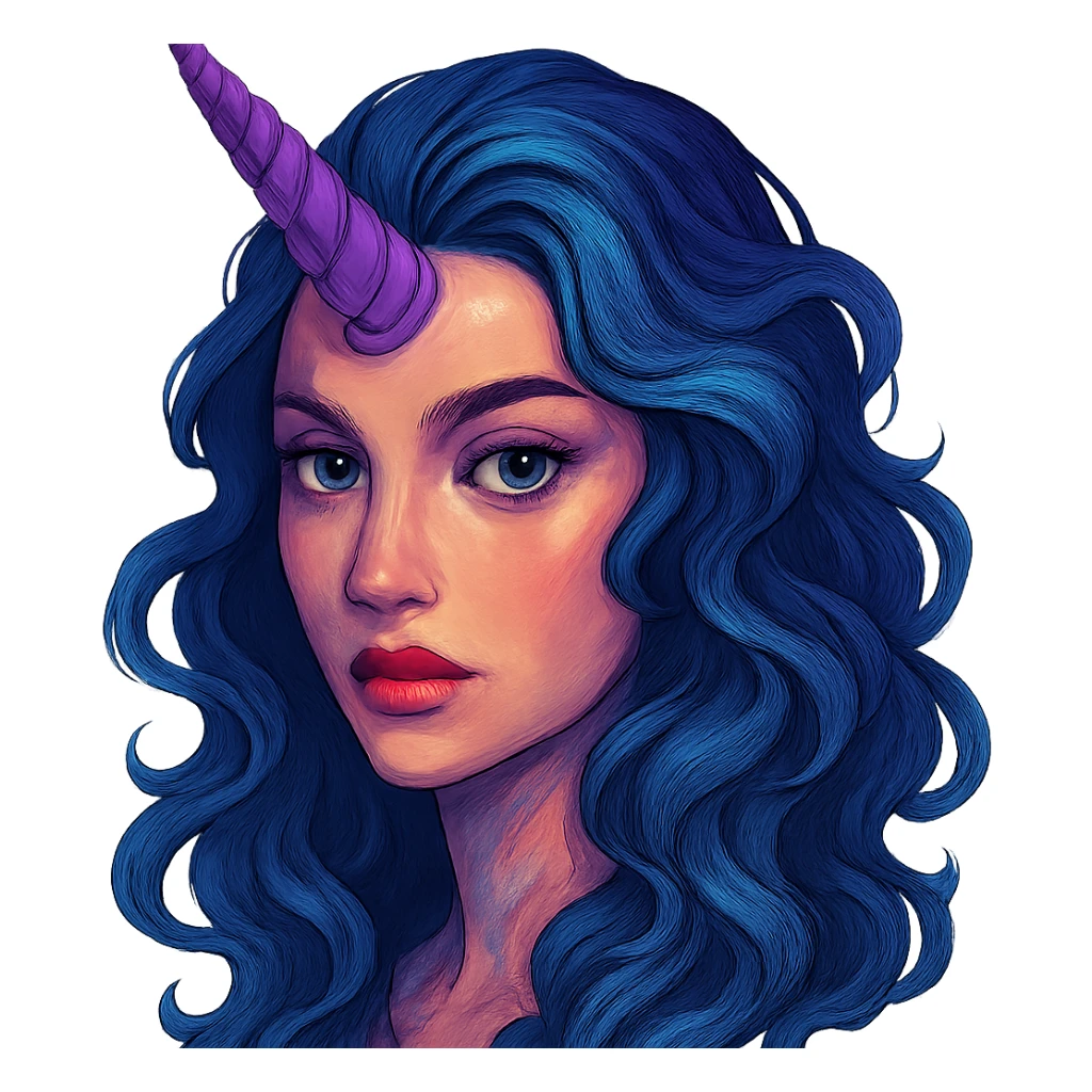 face with purple unicorn horn, digital illustration sticker