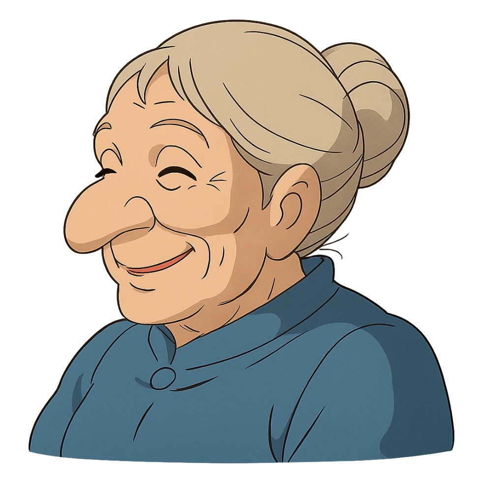 older woman with a big nose, smiling sticker