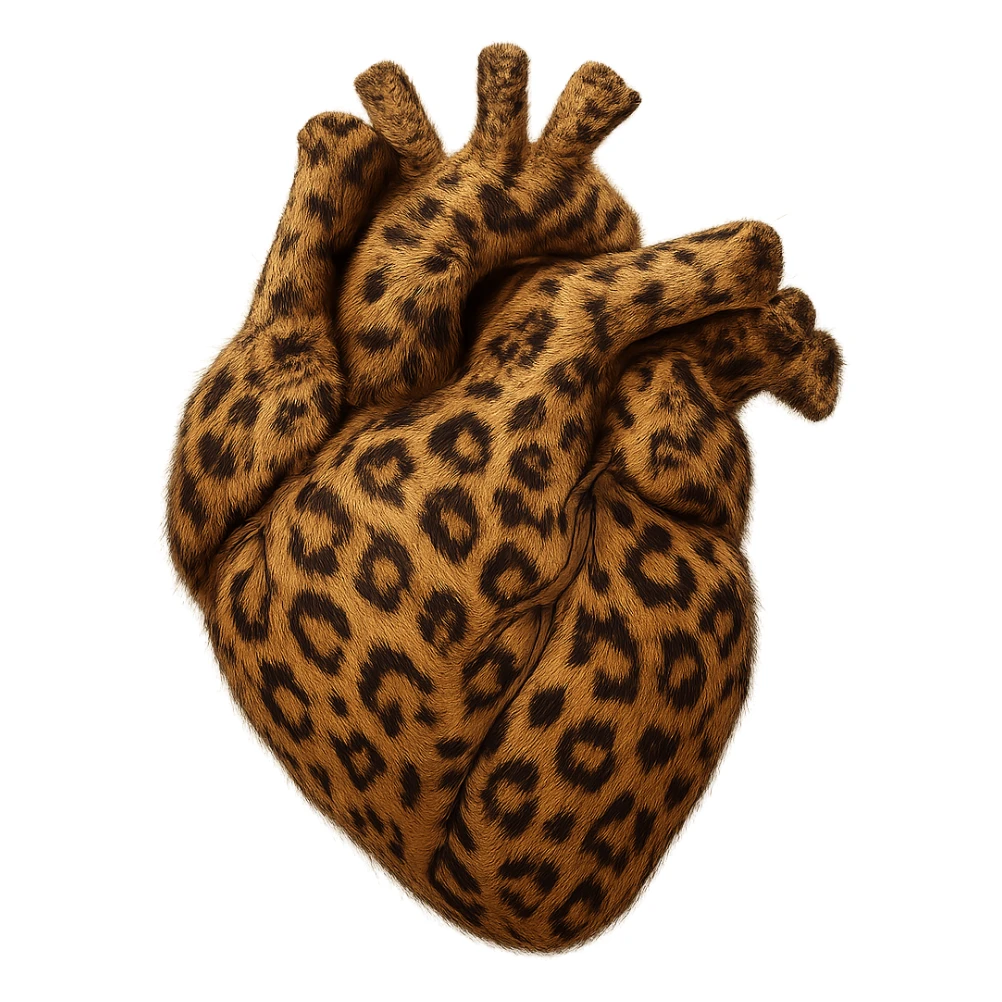 A realistic heart with leopard print, fur texture, and natural details, no background. sticker