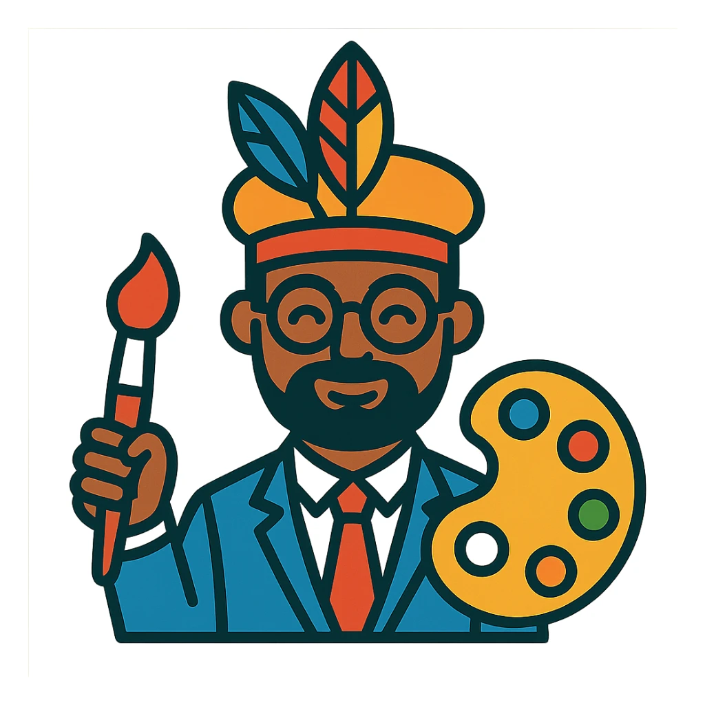 a chief of creative character, professional yet imaginative, with artistic elements like a paintbrush and palette, vibrant toon style sticker