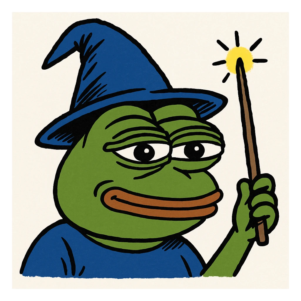 Pepe the Frog with a wizard hat and magic wand, meme style sticker