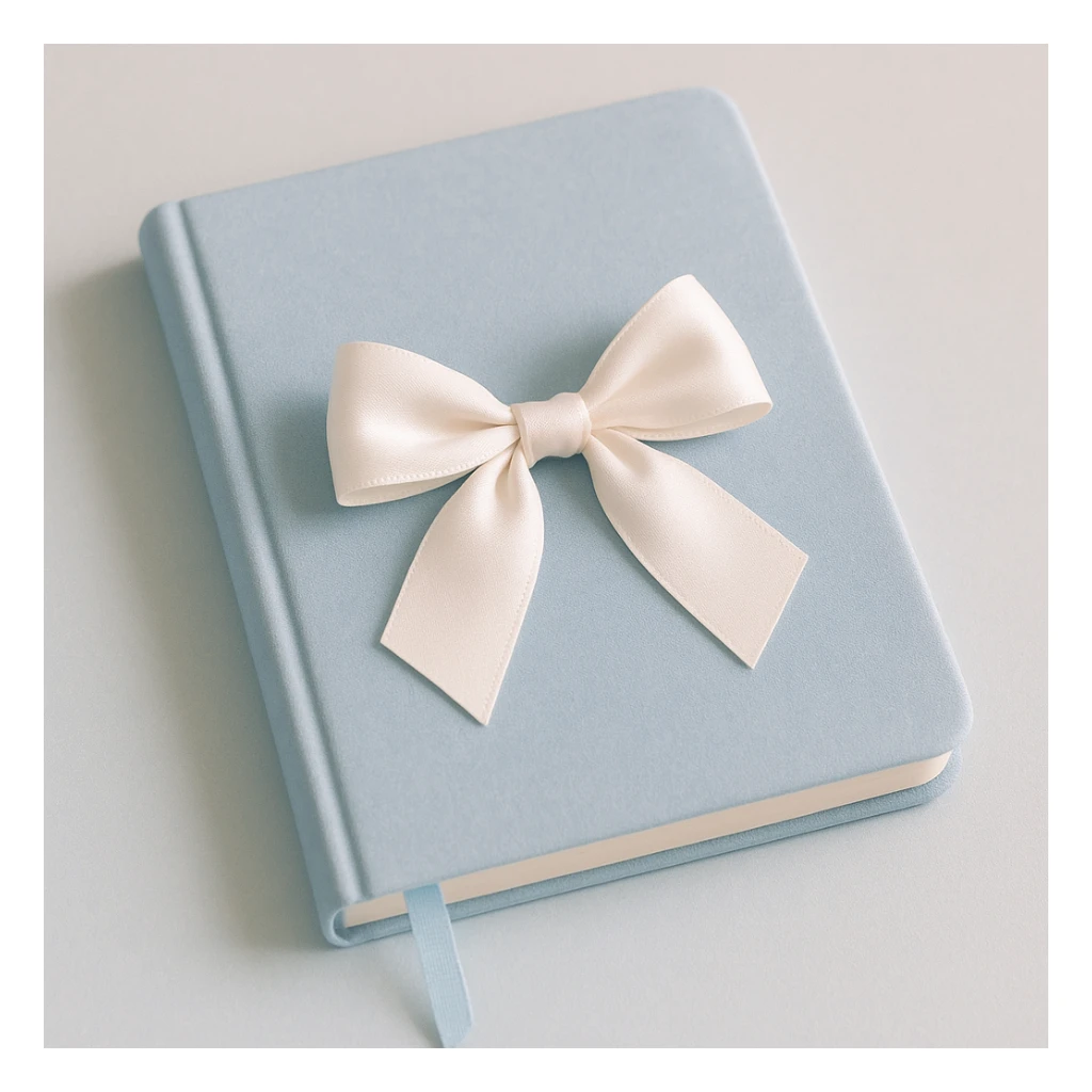 notebook with a soft blue cover and a white bow on the front, pastel aesthetic sticker