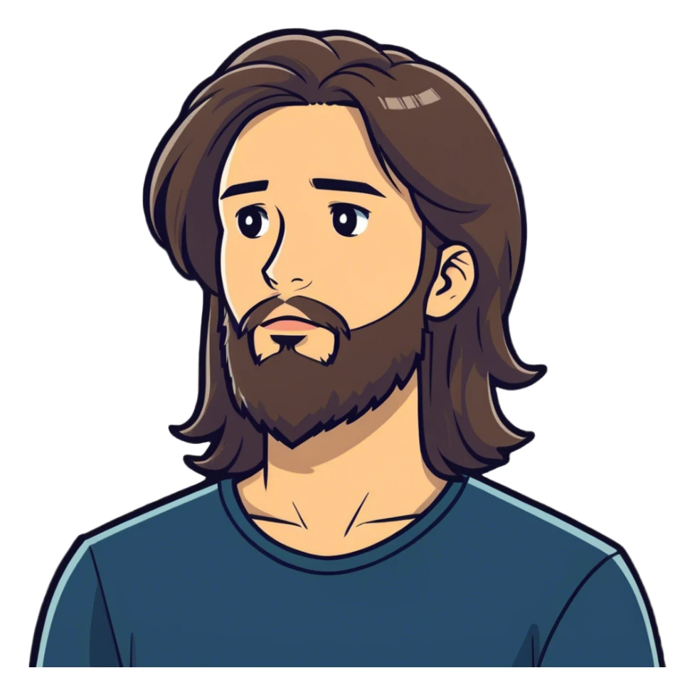 Boy with long hair and beard asking how he can serve  sticker