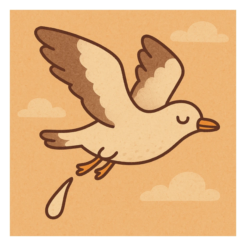 a seagull flying while pooping, flat warm colors illustration style, simple and warm sticker