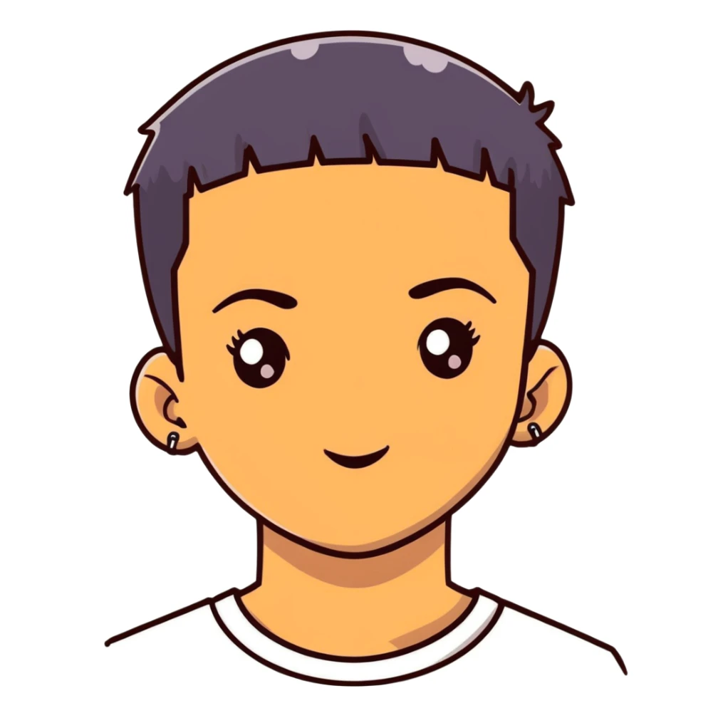 Dark boy with piercing on the eyebrow, haircut with a mini snap, brown eyes, relatively thin lips sticker