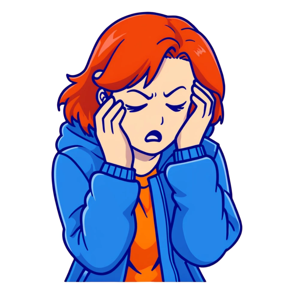 Redhead girl with mid length hair in blue jacket angry facepalm sticker