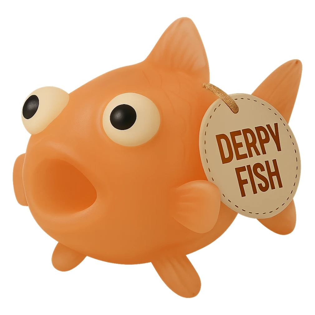 Make the body of this bright orange Derpy Fish just slightly more transparent, keeping the retro 90's toy look, derpy eyes, soft plastic texture, soft reflections, soft and squishy, some cloudiness, not shiny, highly detailed, appealing, with the 'DERPY FISH' tag. Remove the background. Maintain the style and look of the original image. sticker