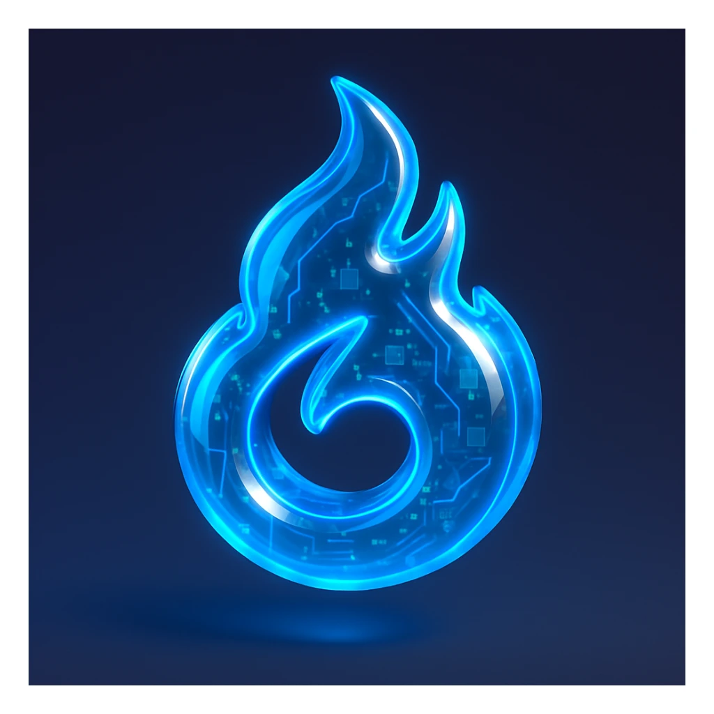 a spiraling blue flame with neon glow, glossy circuit style sticker