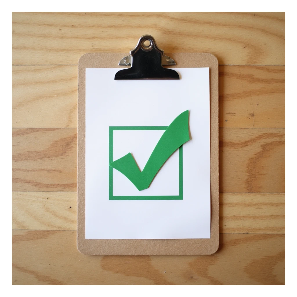 a realistic clipboard with a single checkmark, wood texture, green checkmark sticker