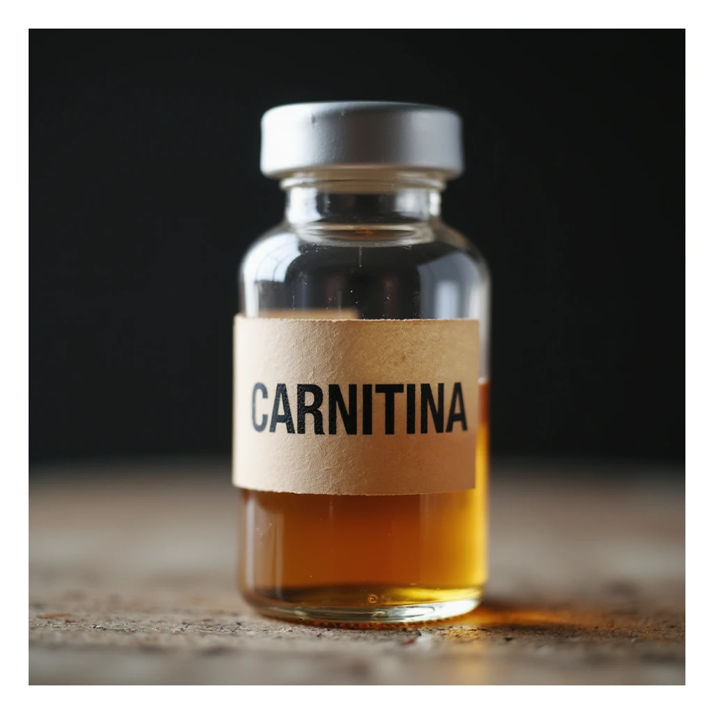 medicinal vial on neutral background, label with the word 'CARNITINA' in block letters, hyperrealistic 4K style sticker