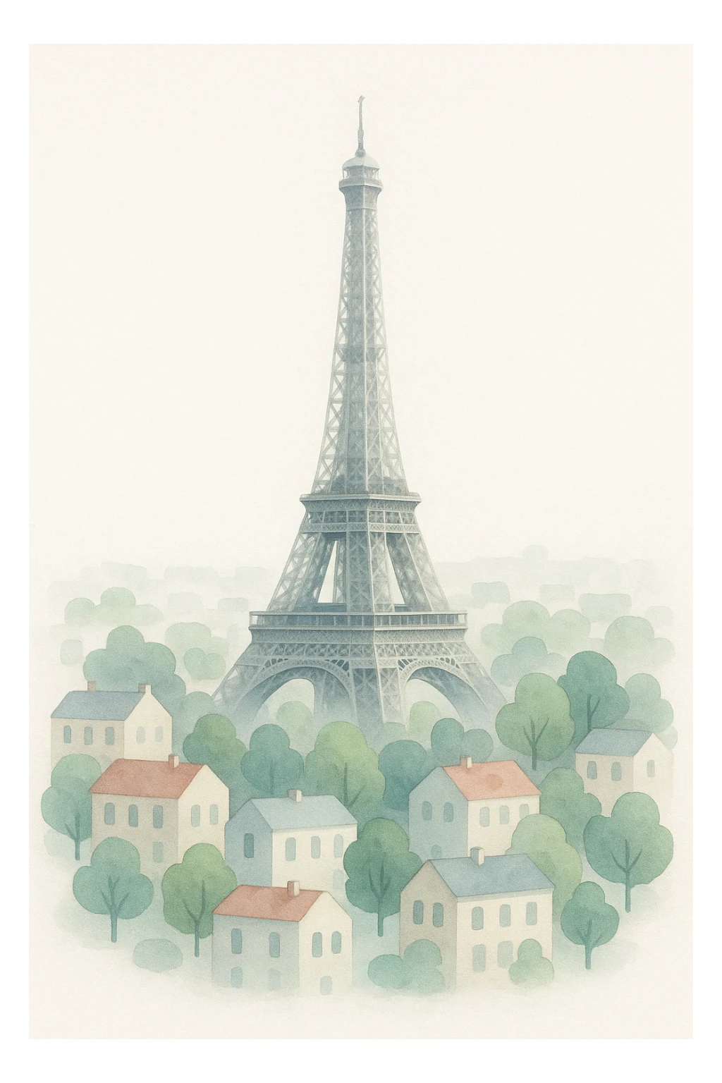 Isometric illustration of Paris, featuring the photorealistic Eiffel Tower surrounded by small Parisian buildings and trees, highly detailed in semi-realistic style sticker