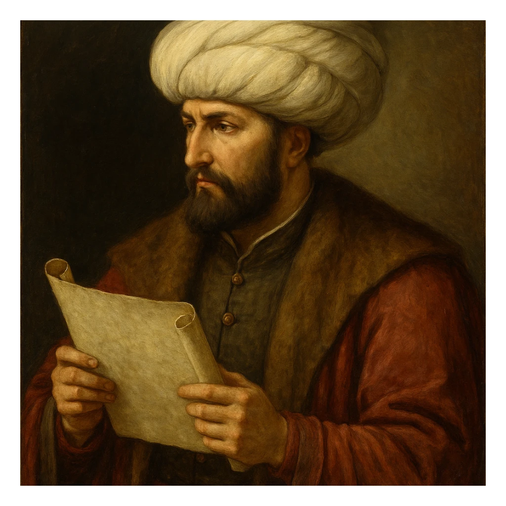 Fatih Sultan Mehmet, Ottoman sultan, holding a scroll, with a serious look, historical painting style sticker