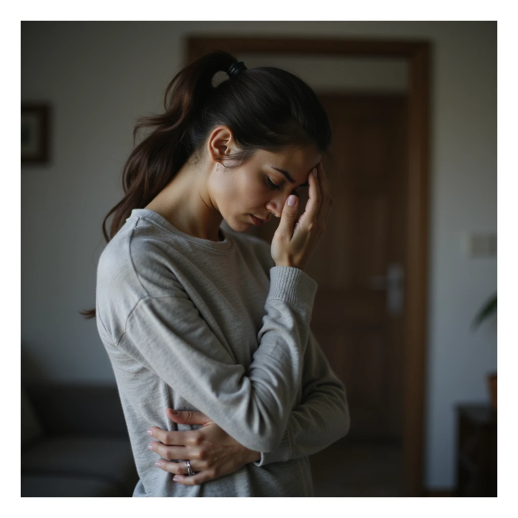 woman standing with curved posture, tired face, dark circles, lowered shoulders, expression of chronic fatigue, hyperrealistic style, realistic details, 4K quality, domestic environment sticker