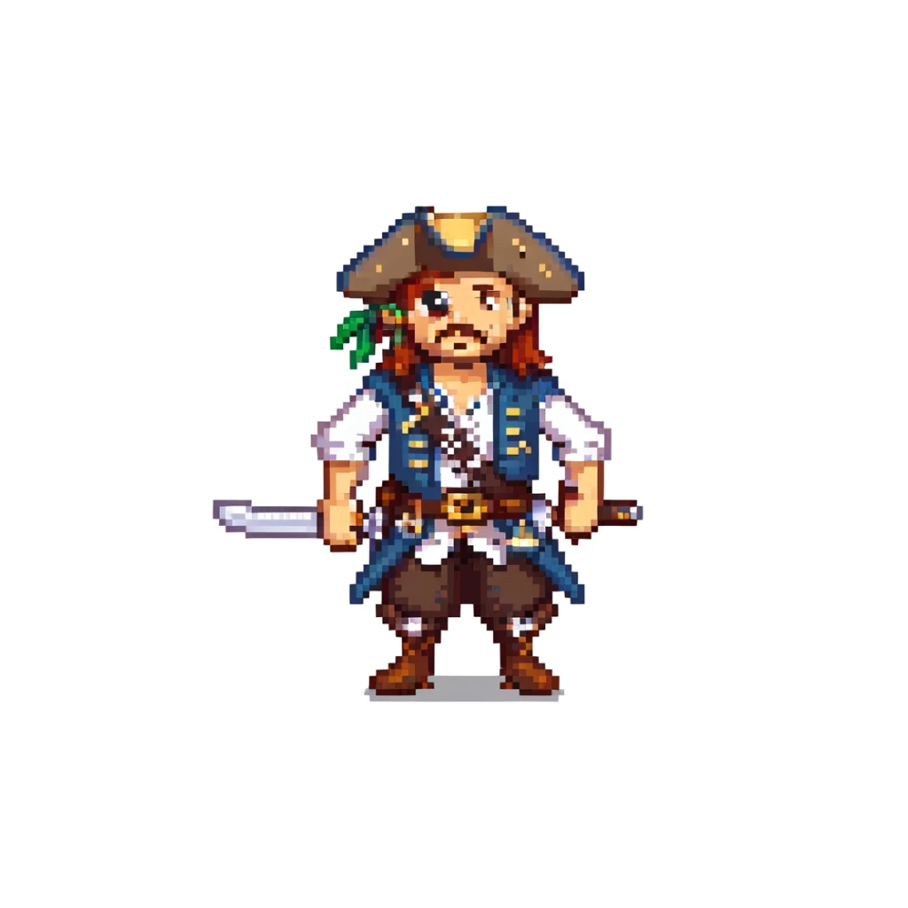 pirate character idle animation, 32-bit style, game sprite, standing with sword sticker