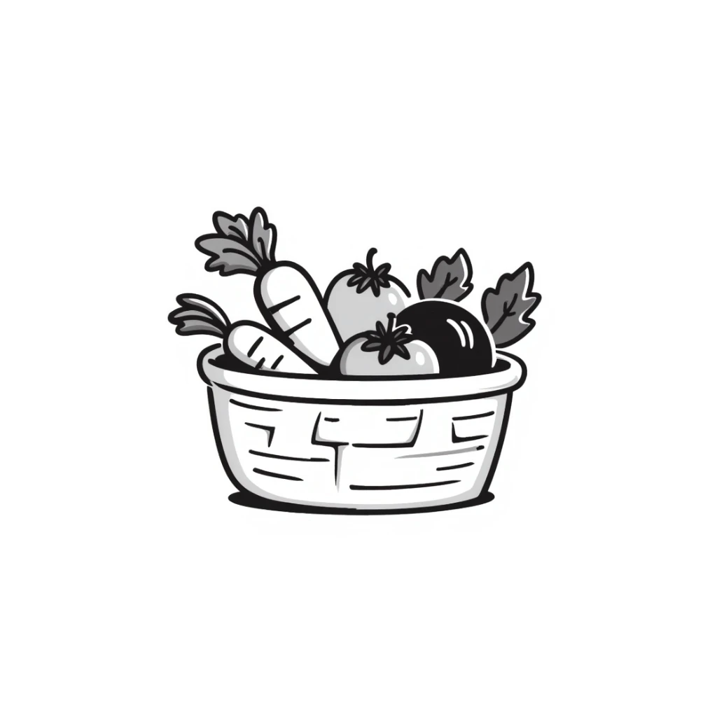 a basket of vegetables, playful and sketchy hand-drawn black doodle style sticker
