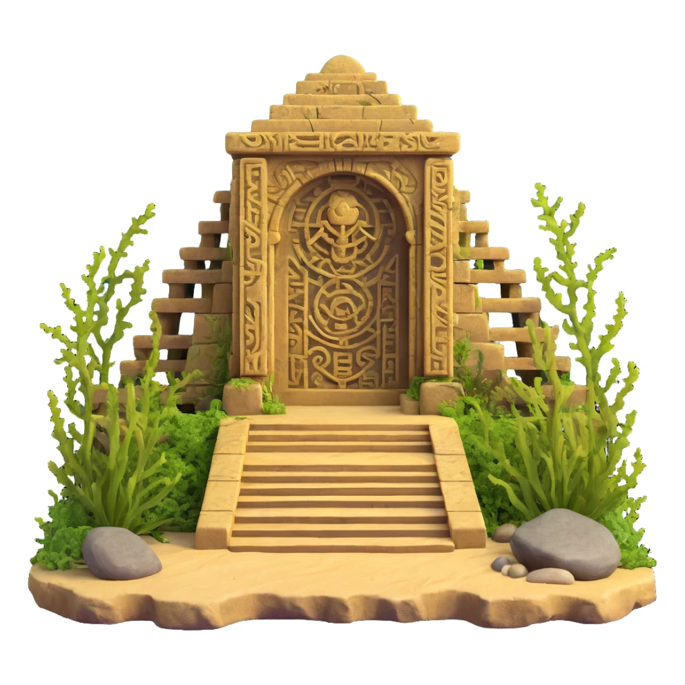full ancient Anunnaki golden underwater base, complete structure visible, weathered stone, overgrown with seaweed, mysterious carvings sticker