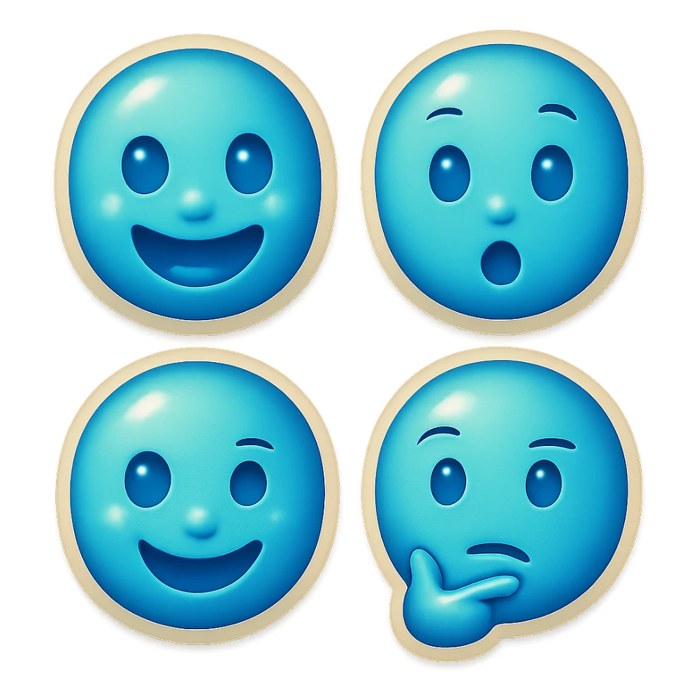 Create four similar variants of this emoji image, maintaining the emoji style and blue color, but with different facial expressions. sticker